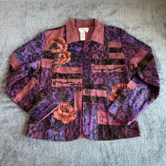 Coldwater Creek Jacket Purple Pink Floral Lace Patchwork Button Up Medium Unique - Picture 1 of 8